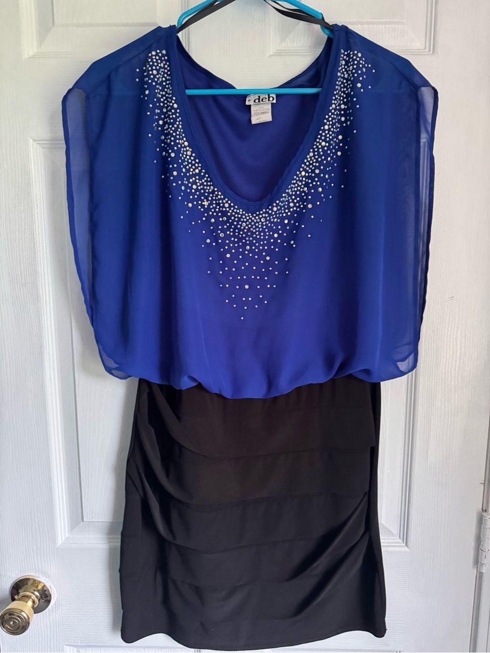 Deb Royal Blue and Black Midi Dress with Rhinestone Detail
